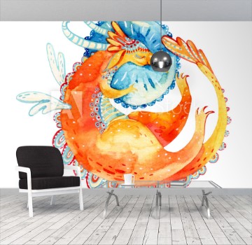 Bild på Watercolor sleeping cute dragon on a pillow Fairy tale cartoon character isolated on white background Hand painted illustration for kids children design